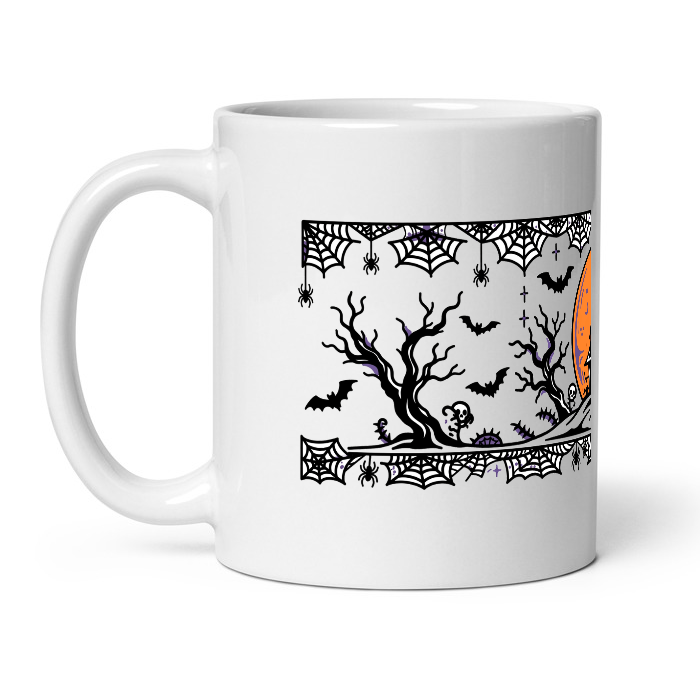 hp-mug-gift-halloween-haunted-wrap on Black Glossy Mug — product photo