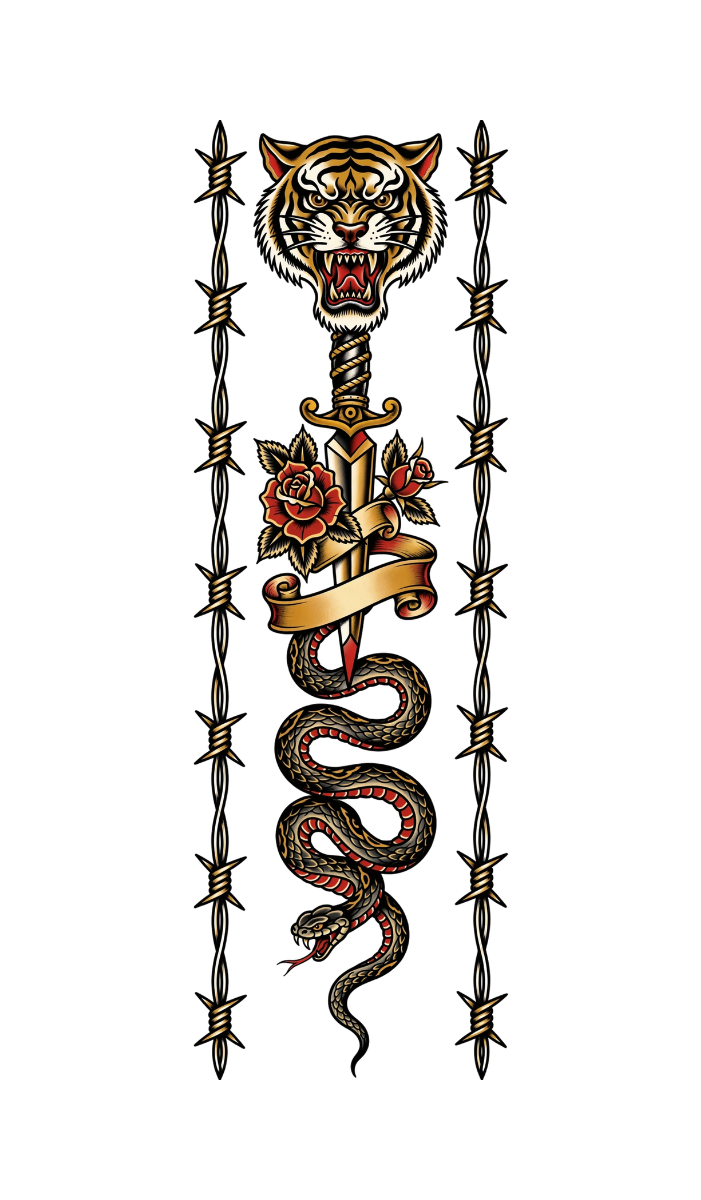 hp-socks-fun-tigerfang-tattooflash on Black Foot Sublimated Socks — exact print artwork