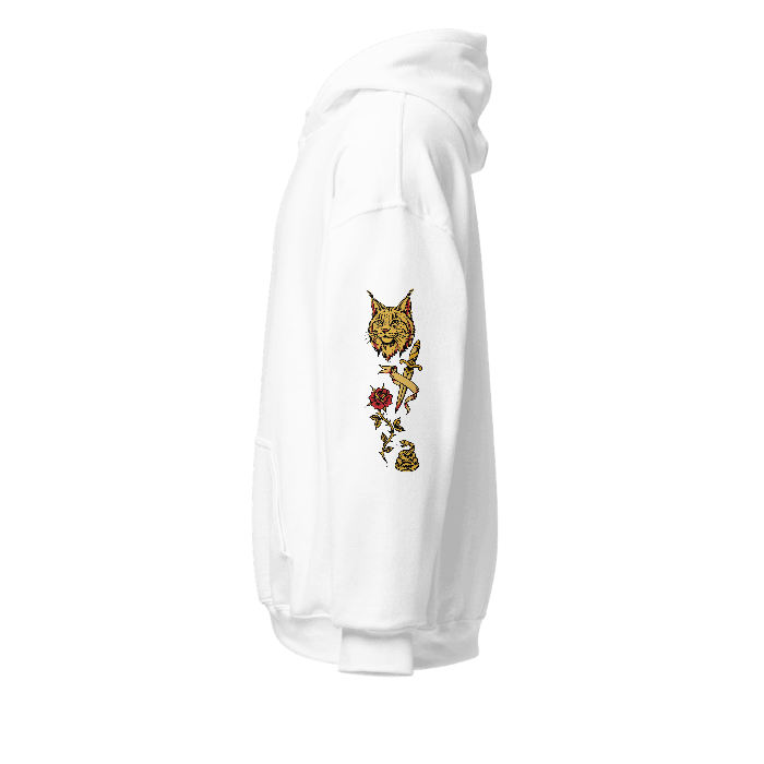 hp-sleeve-fun-mainecoon-tattooflash on Unisex Heavy Blend Hoodie | Gildan 18500 — Left sleeve · printed design