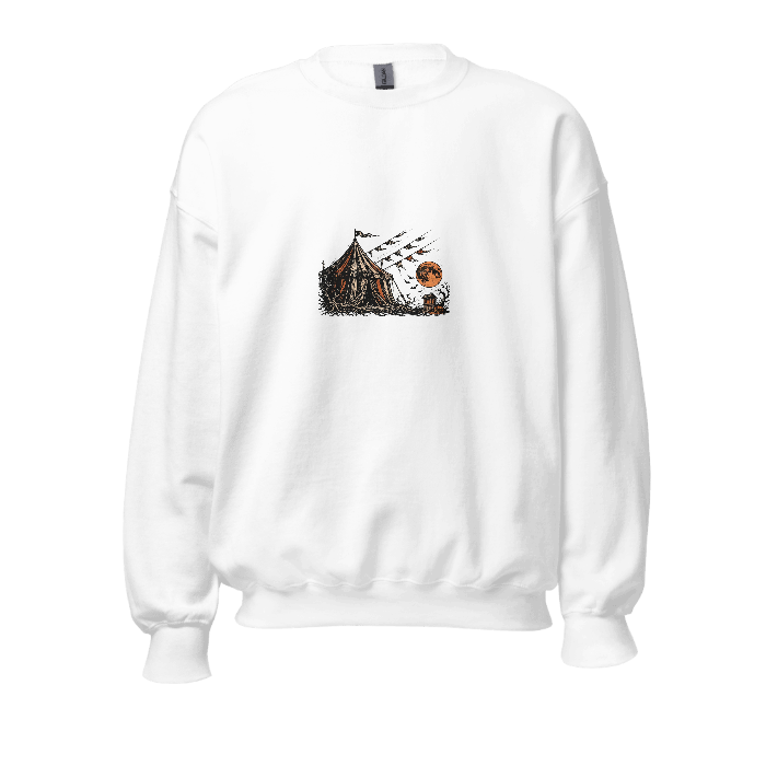 hp-sweatchest-halloween-circus-tent-woodcut on Unisex Crew Neck Sweatshirt | Gildan 18000 — Front · printed design