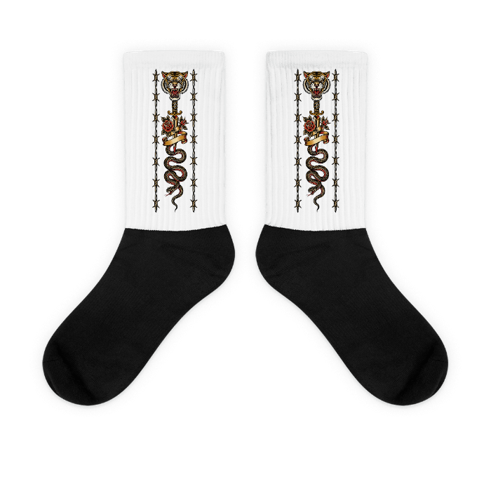 hp-socks-fun-tigerfang-tattooflash on Black Foot Sublimated Socks — Design · printed design