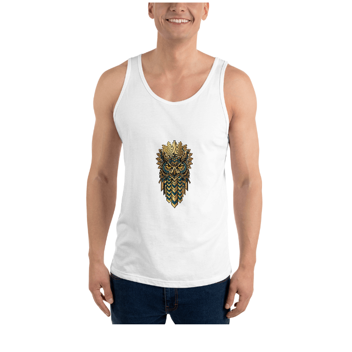 hp-tankchest-fun-owl-deco on Unisex Staple Tank Top | Bella + Canvas 3480 — Front · printed design